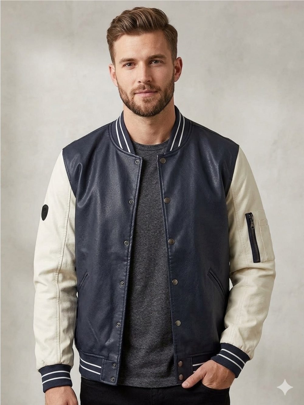 Field & Stream Men's Varsity Jacket in Dark Blue and Cream